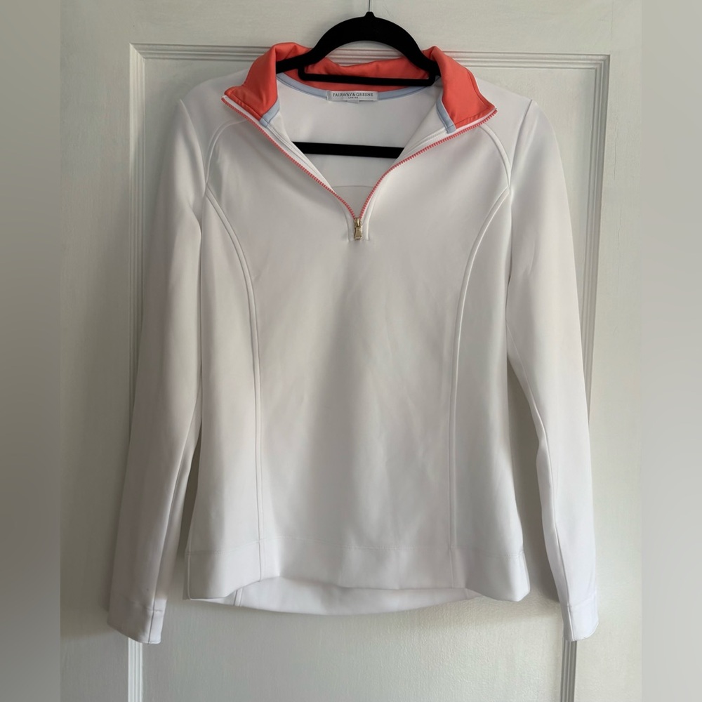 Fairway & Greene White and Coral Women's Quarter-Zip Sweatshirt Size Small